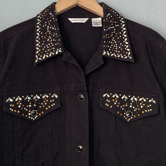 Laura Ashley Womens Size Large Black Embellished Denim Jacket Mobwife Glam Biker - Picture 3 of 10